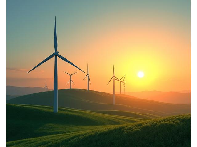 Wind turbines and solar panels against a scenic sunset skyline