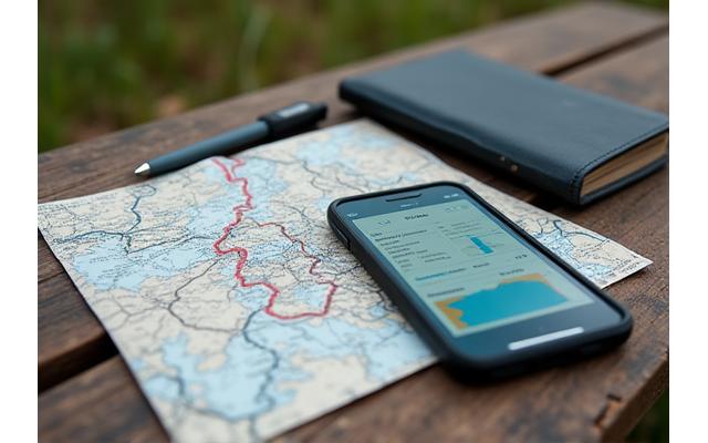 Map with cycling routes marked, alongside a smartphone showing bikepacking advice