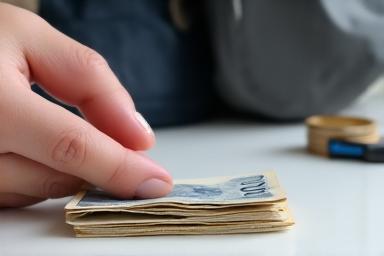 Hand exchanging money with backpack in background