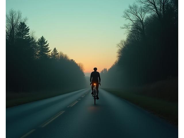 Cyclist in dimly lit urban environment before applying reflective tape, barely visible