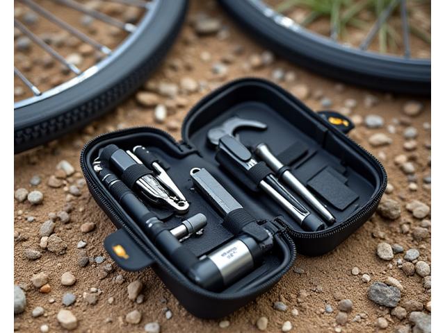 Compact bike repair kit laid out next to a punctured tire on a dirt road, showing essential tools like tire levers and patch kit.